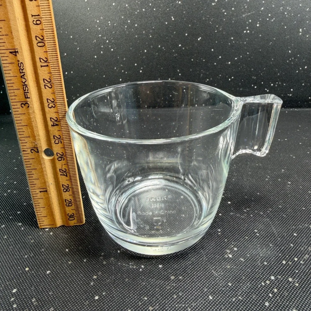 IKEA Clear Glass Coffee Mugs Set of 4 Stackable Square Handle 2.75in Tall